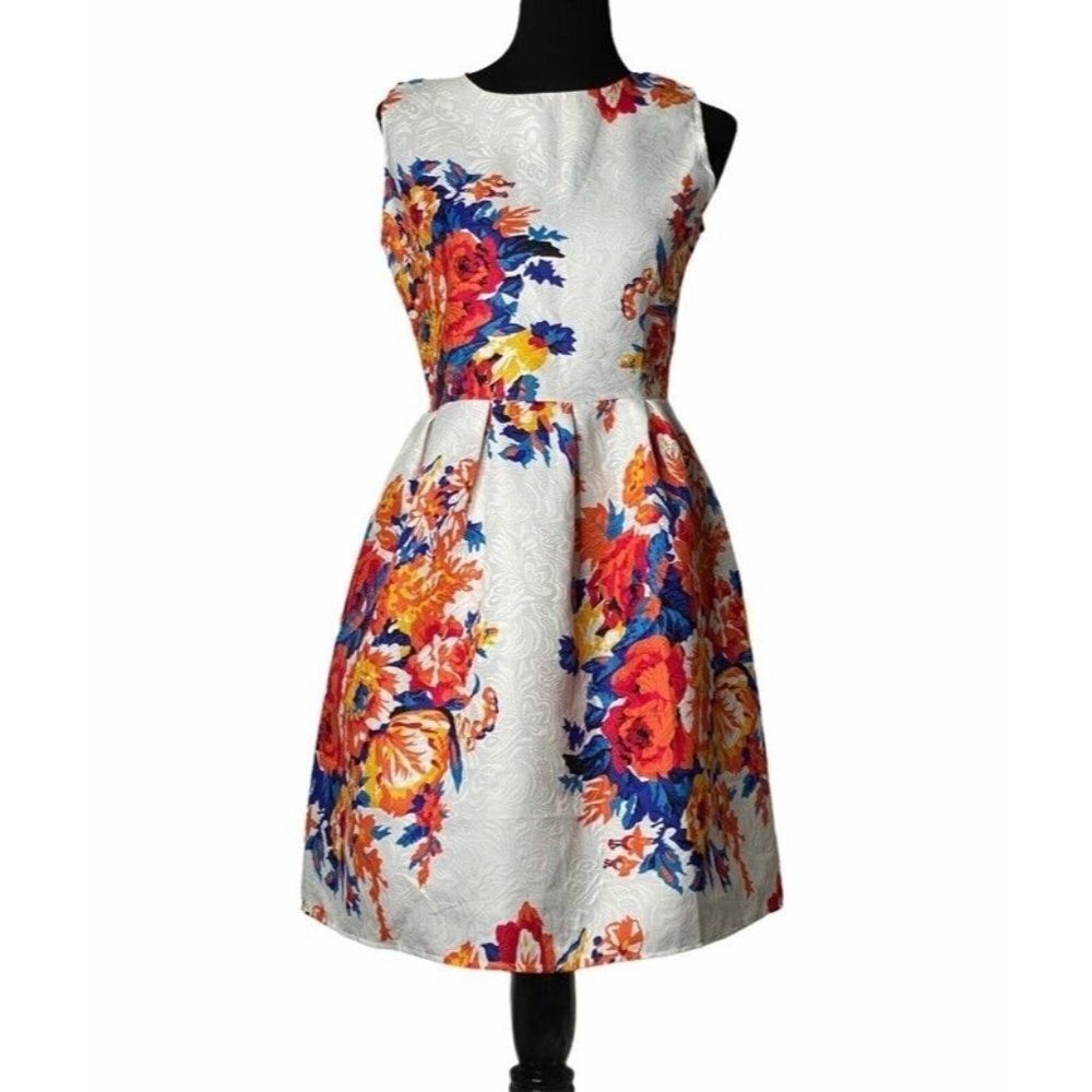 CRFS Womens A Line Dress White Orange Floral Crew‎ Neck Sleeveless Zip Up S New